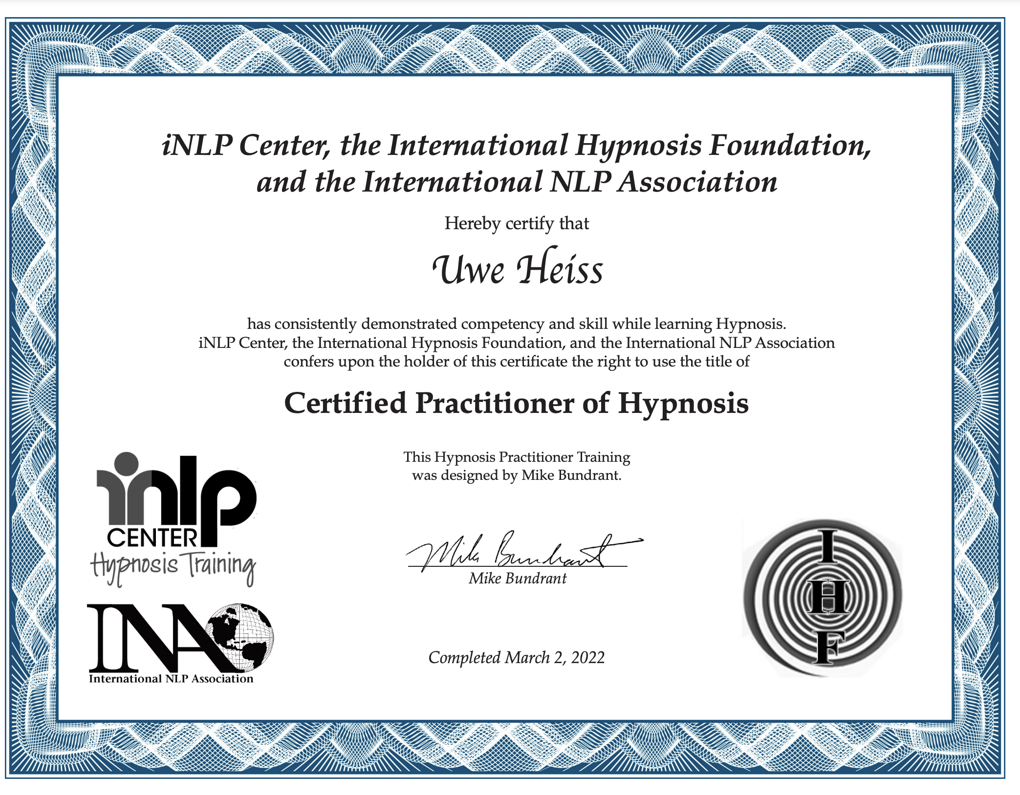 Hypnosis Coaching Certificate Uwe Heiss